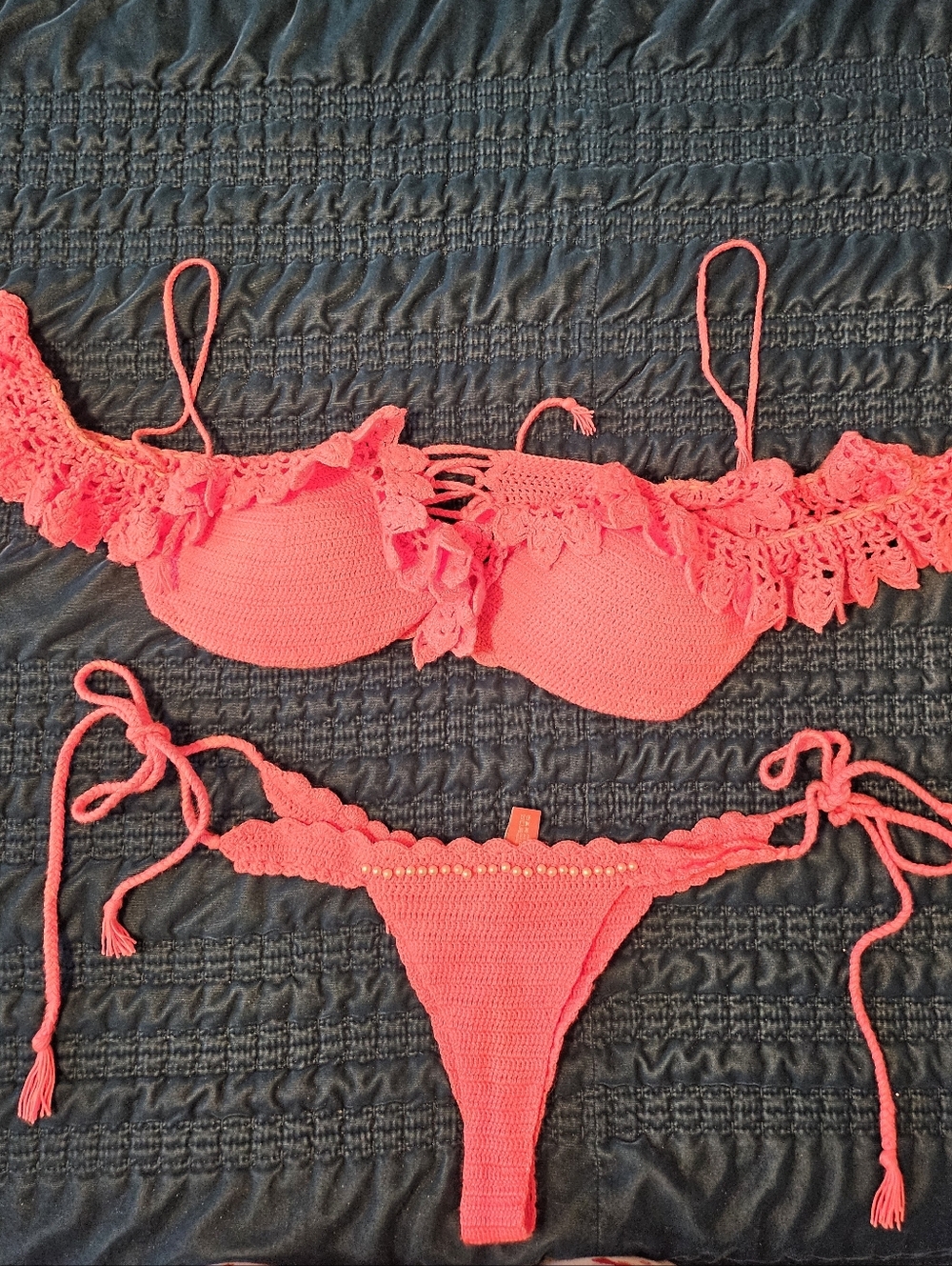 Crochet Han Made Ruffle Bikini Set - Bright Coral Pink Women’s Swim